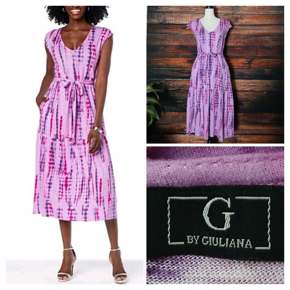 G By Giuliana Midi Dress XS Petite Loose Fit Belted Purple Tie Dye Shibori